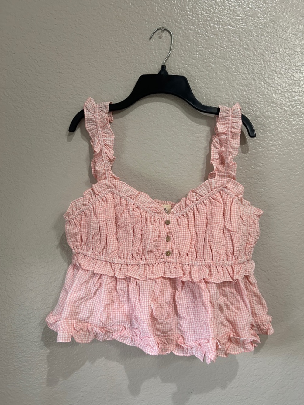 Peach Love California Women’s Pink White Gingham Button-Front Crop Top Sz L Boho